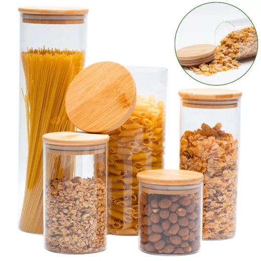 Potes de Vidro com Tampa de Bambu